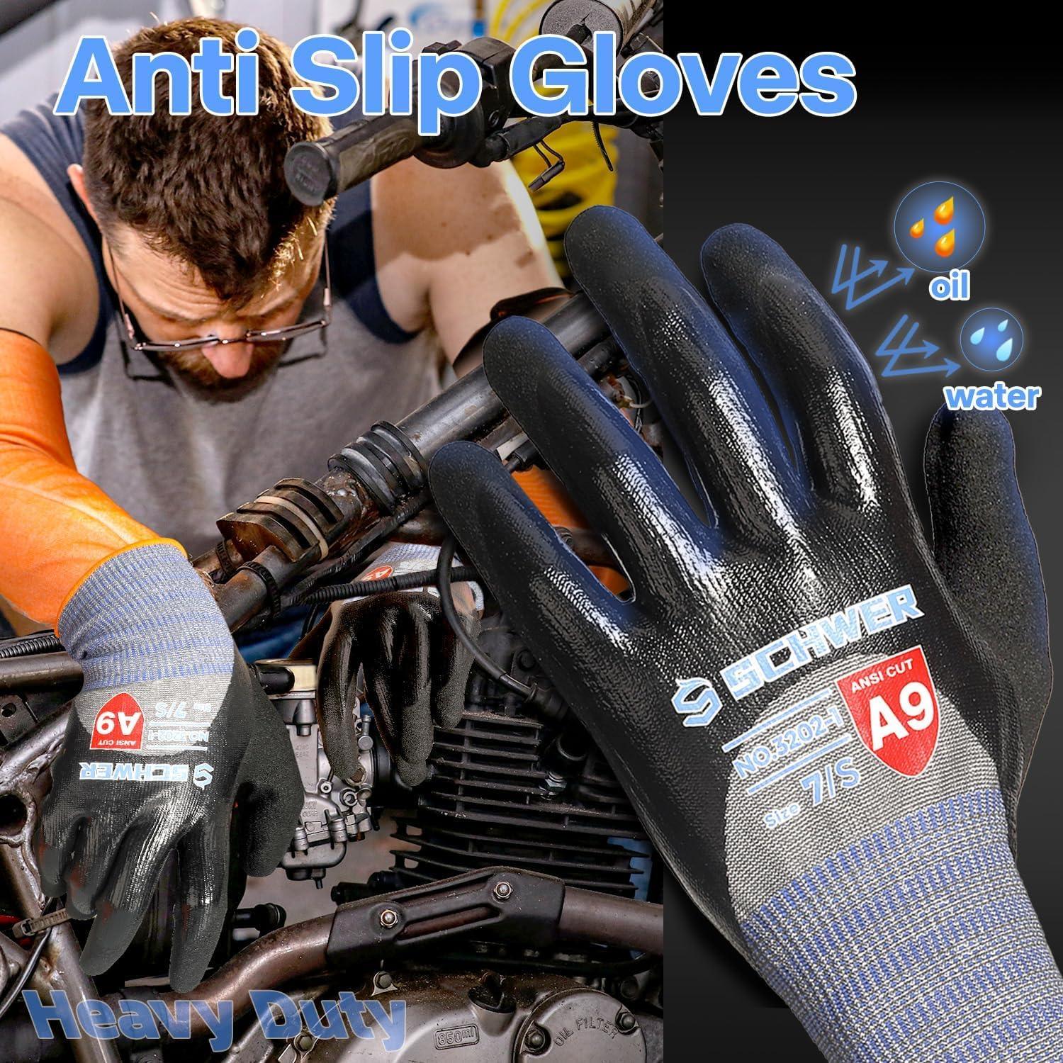 Mechanic wearing heavy-duty anti slip gloves repairing motorcycle with oil and water resistant gloves