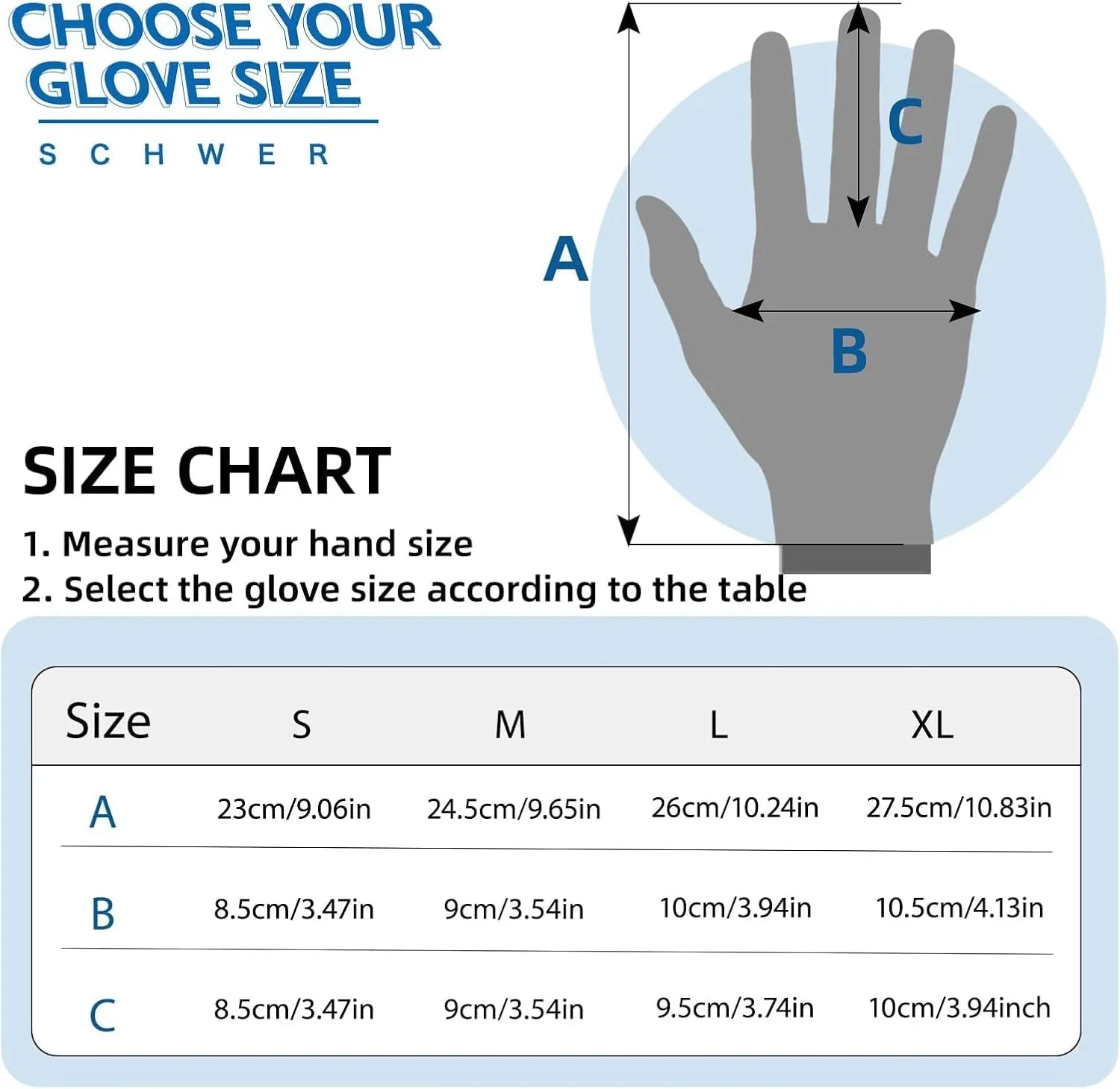 Schwer glove size chart with hand measurement guide