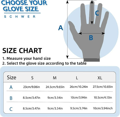 Schwer glove size chart with hand measurement guide