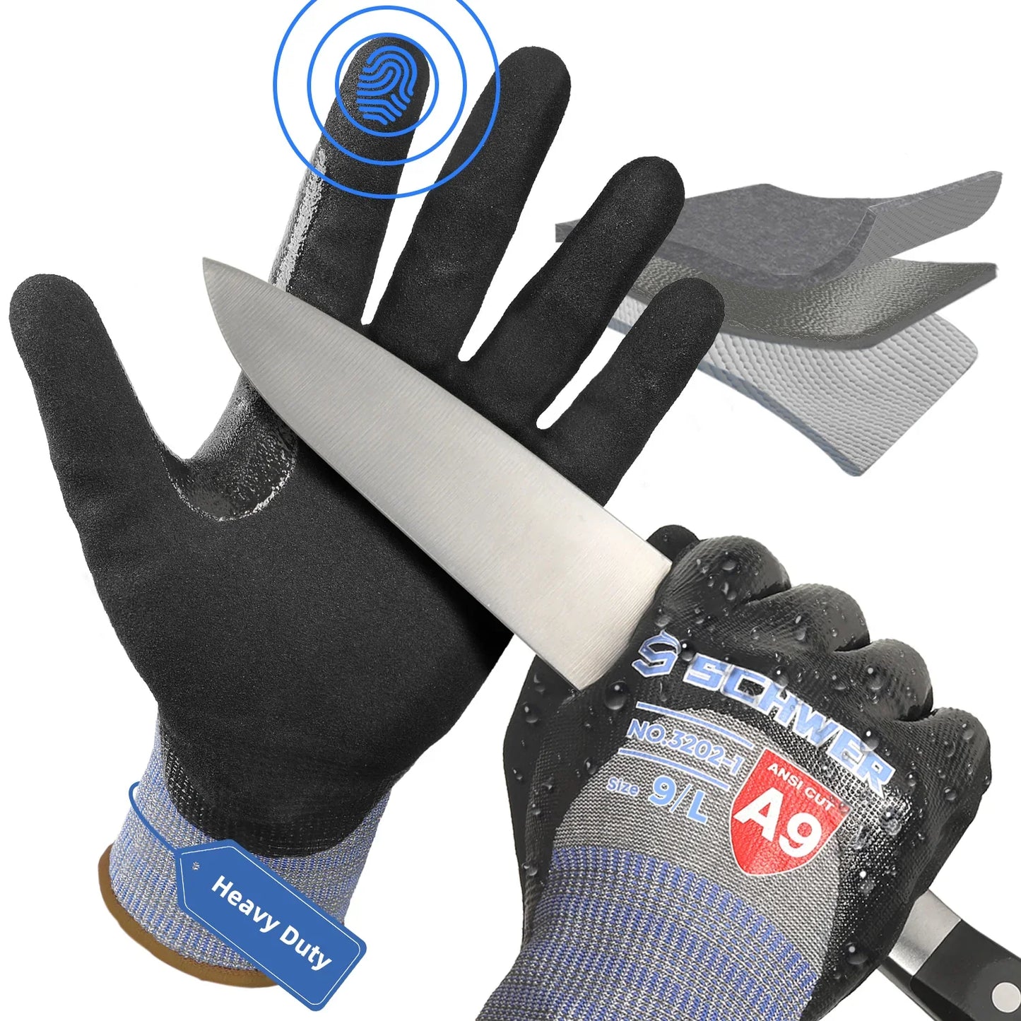 Heavy-duty black and gray cut-resistant gloves holding a knife, A9 ANSI cut level protection