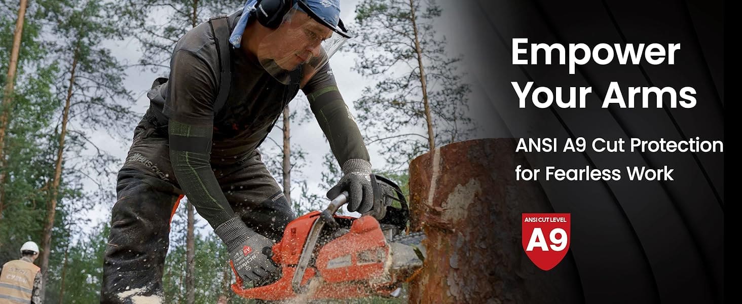Person using a chainsaw with text about ANSI A9 cut protection in the background