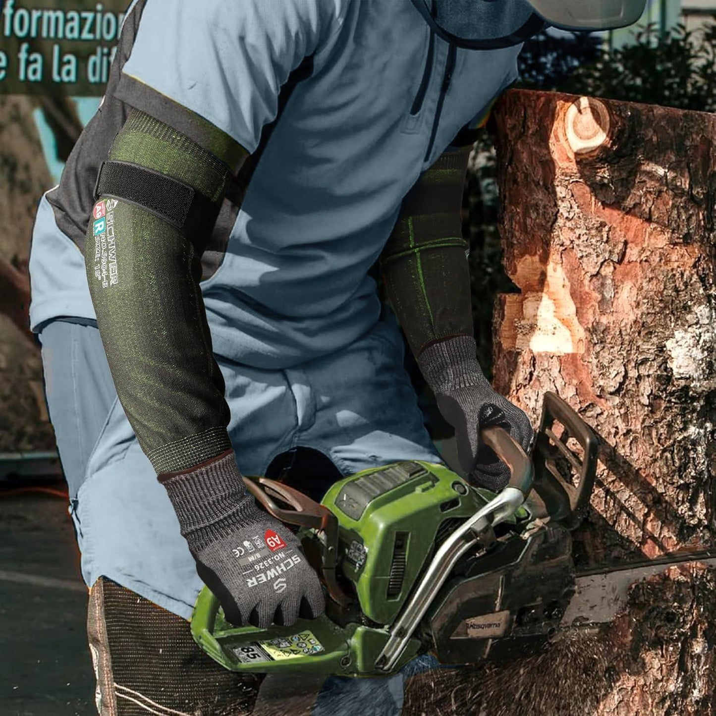 Person using a green chainsaw to cut a log outdoors