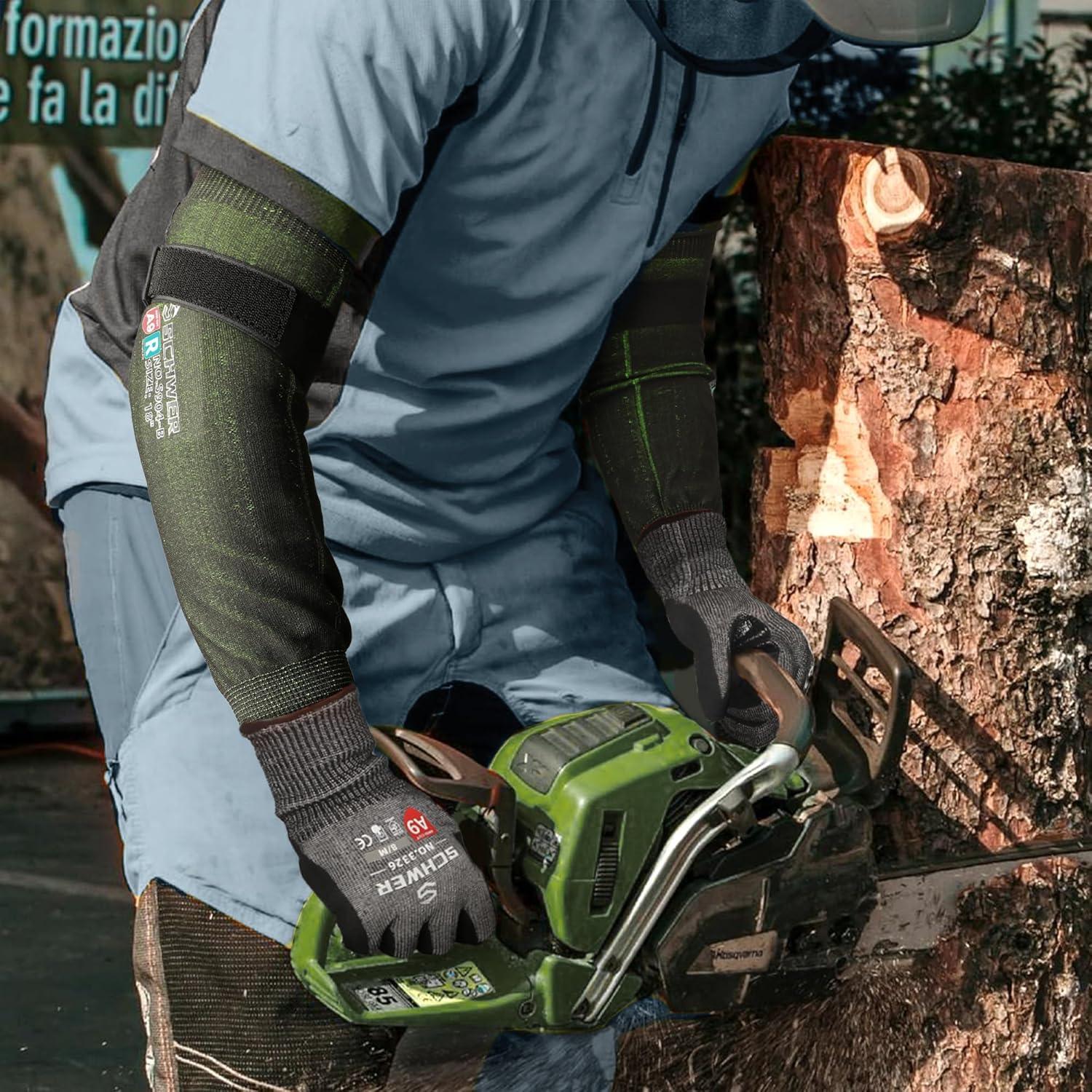 Person using a green chainsaw to cut a log outdoors