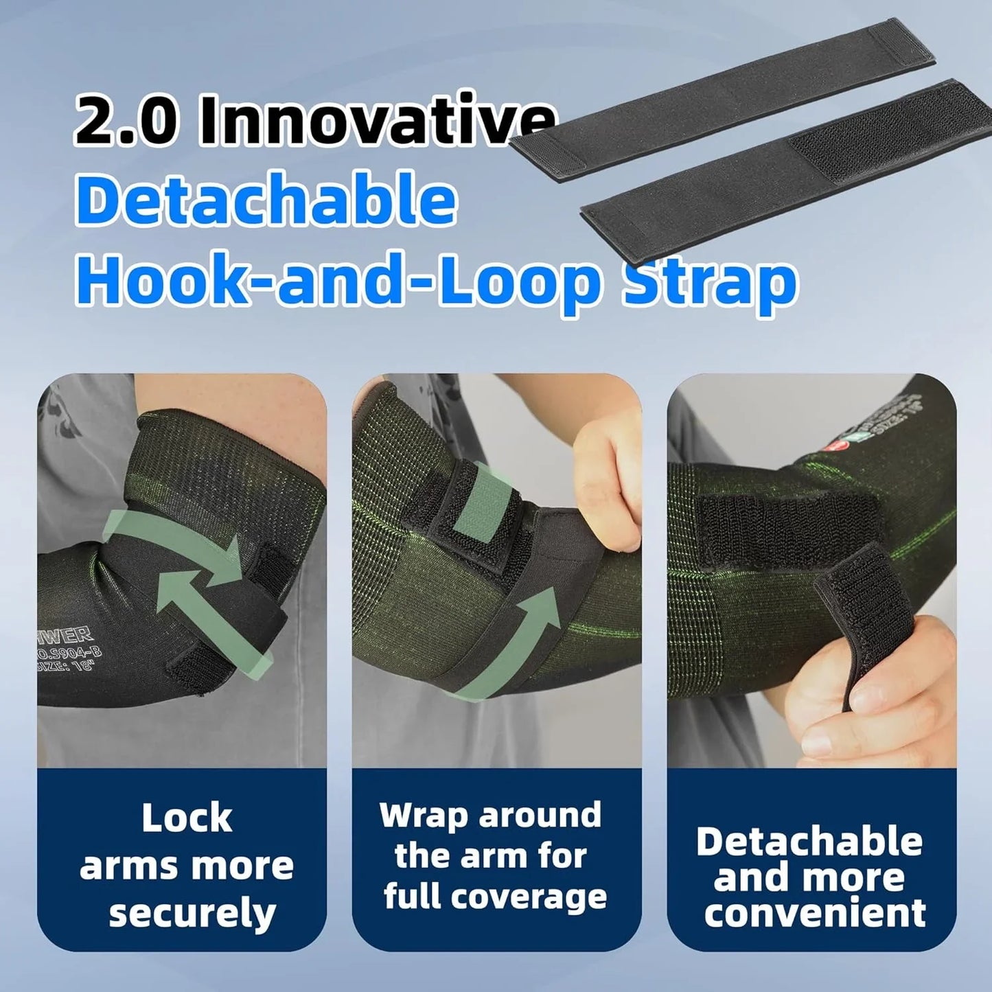 Innovative detachable hook-and-loop strap with usage instructions on a blue background