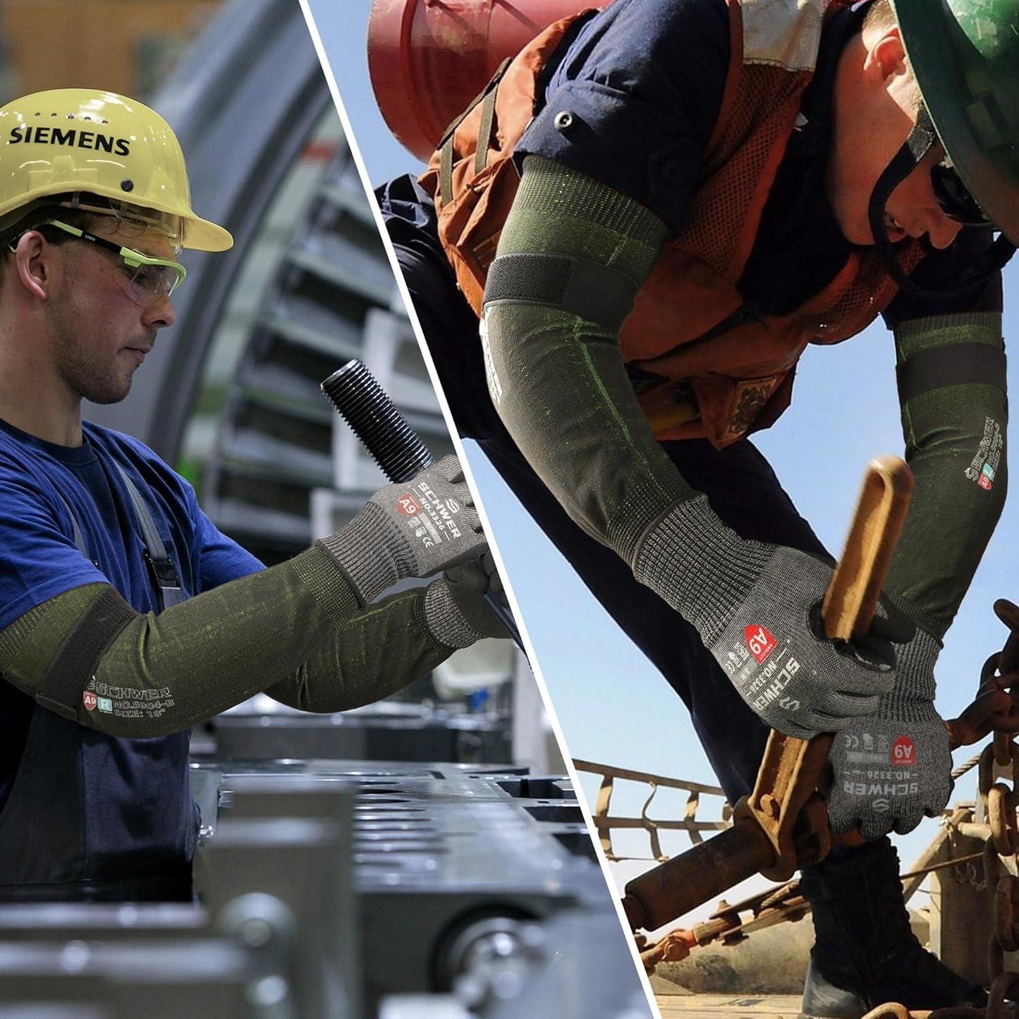 Two workers in industrial settings, one using a tool and the other on a construction site.