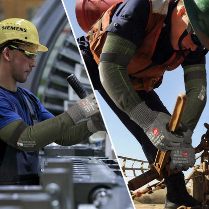 Two workers in industrial settings, one using a tool and the other on a construction site.