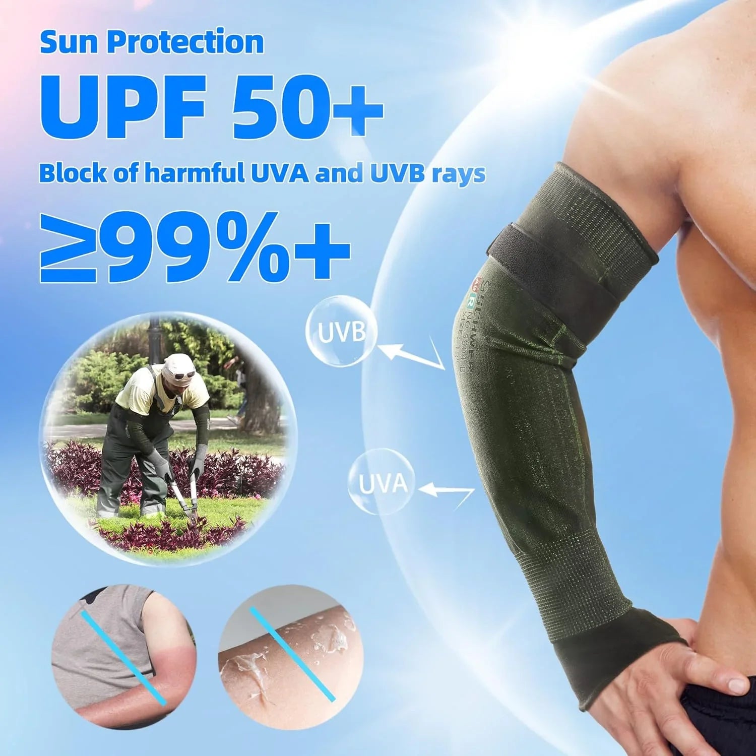 Sun protection sleeve with UPF 50+ text and UV ray diagram on a blue background
