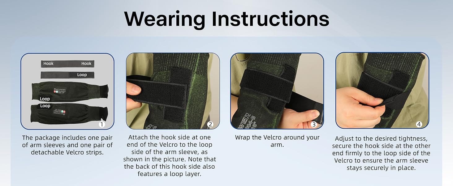 Wearing instructions for arm sleeves with images and text on a blue background