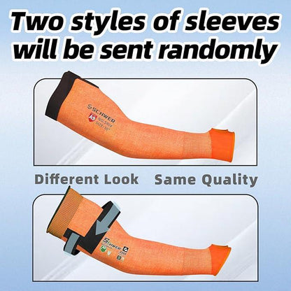 Two orange arm sleeves with black accents on a light blue background, featuring the brand 'Seewer'.