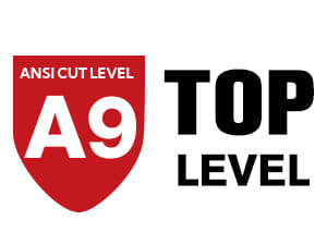 ANSI Cut Level A9 logo with a red shield and white text on a white background