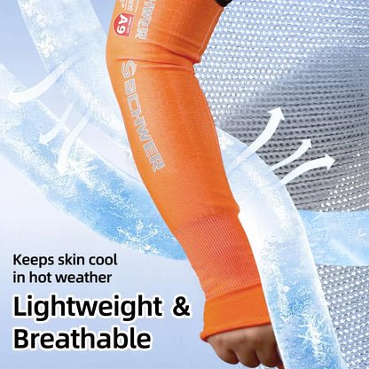 Orange arm sleeve with brand logo on a cooling background