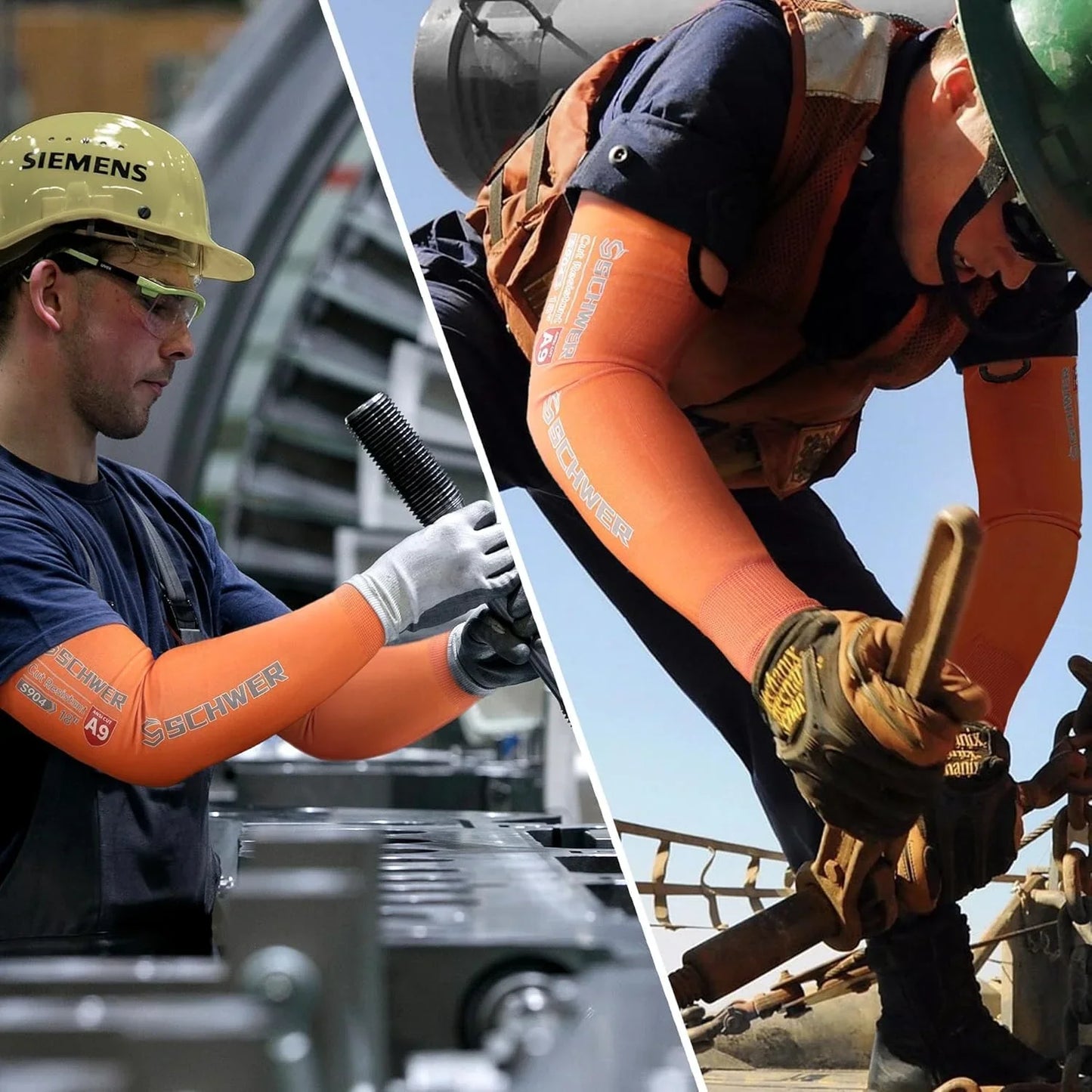 Two workers in different settings with protective gear and tools, one wearing a Siemens helmet.