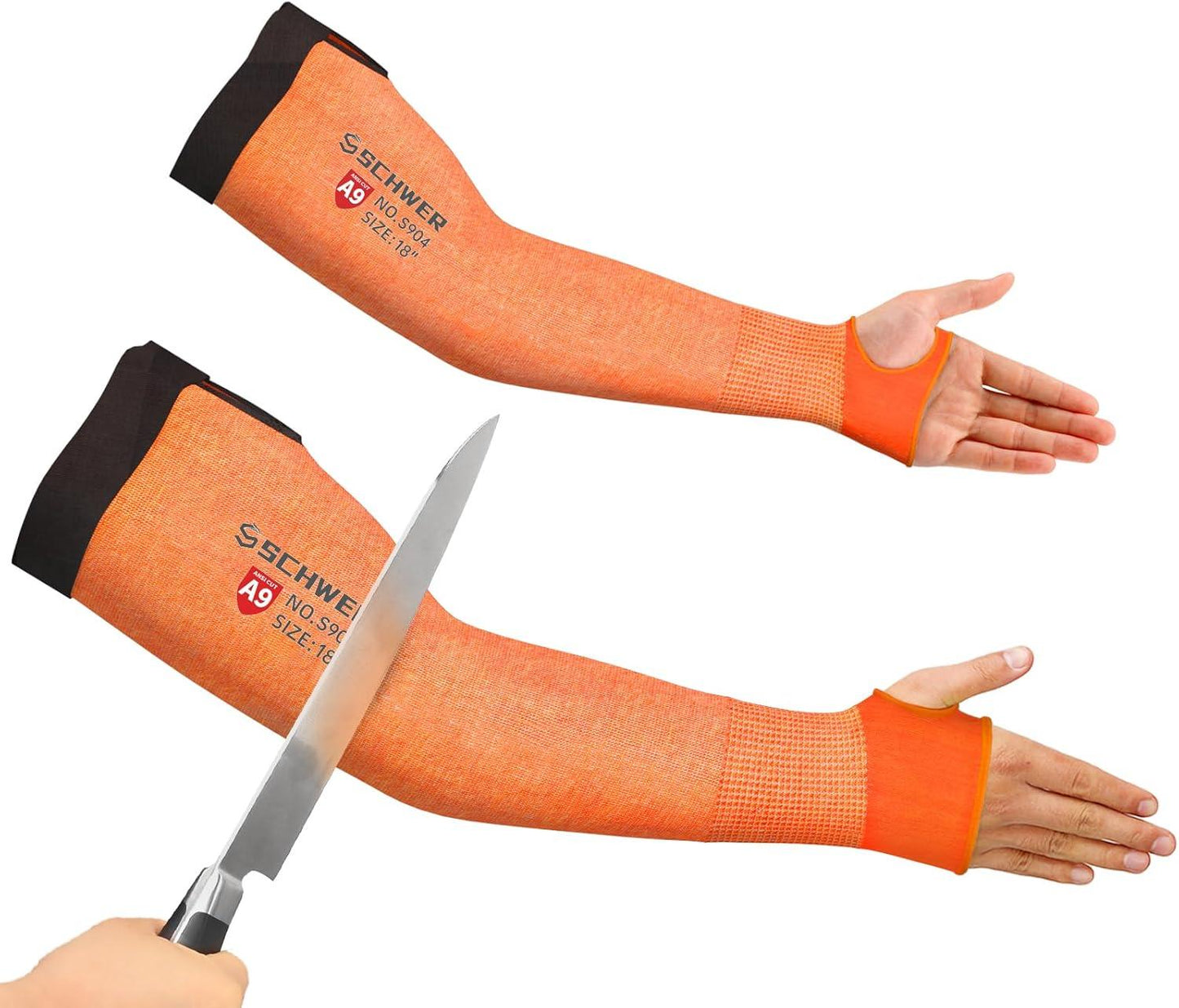 Pair of orange Schwer A9 cut resistant arm sleeves size 18 inches with a hand holding a large knife showing protection