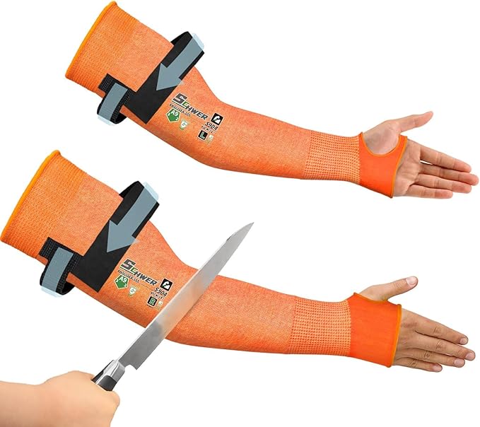 Pair of orange Schwer A9 cut resistant arm sleeves size 18 inches with a hand holding a large knife showing protection