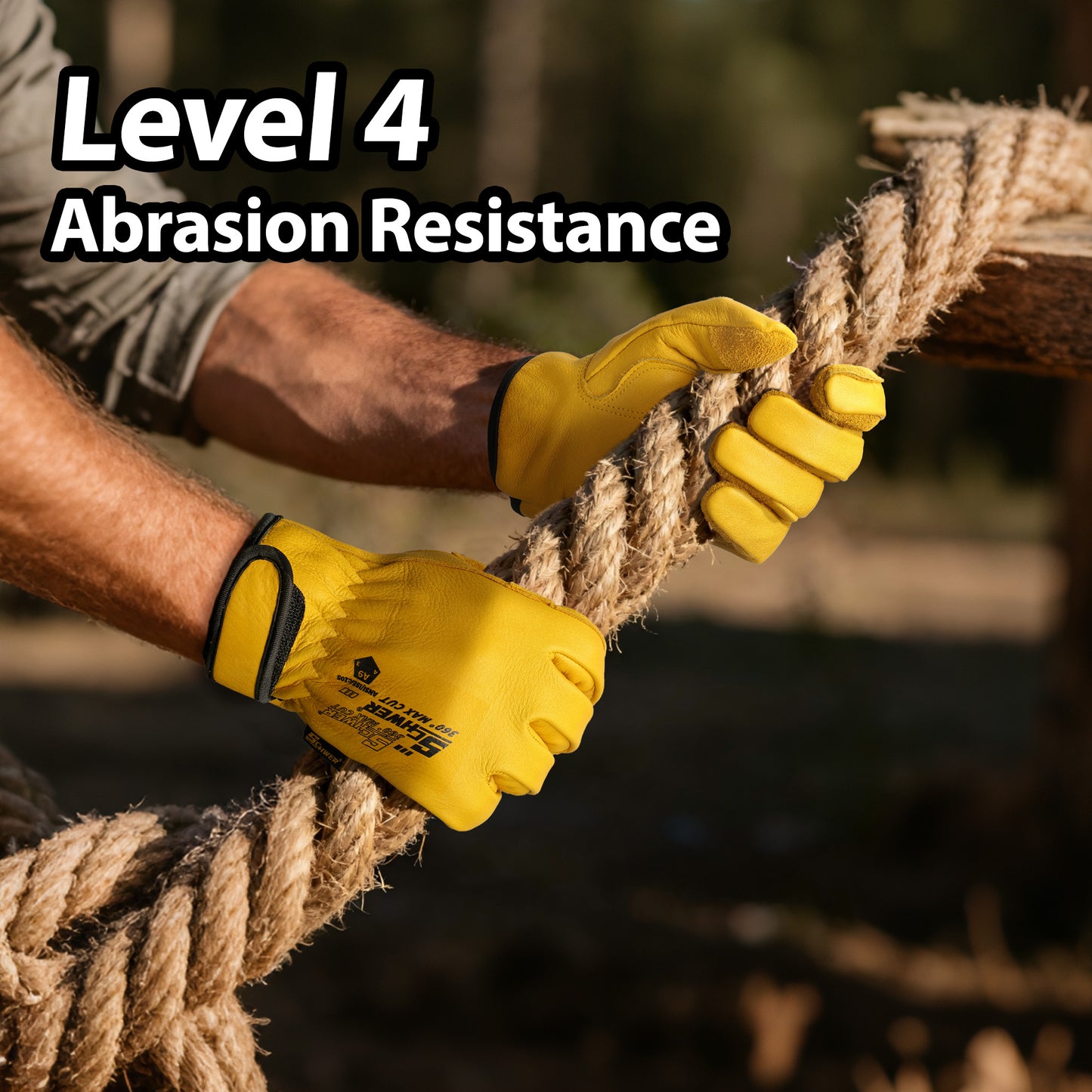 Worker wearing yellow cowhide Schwer safety gloves gripping thick rope outdoors, abrasion resistant PPE.