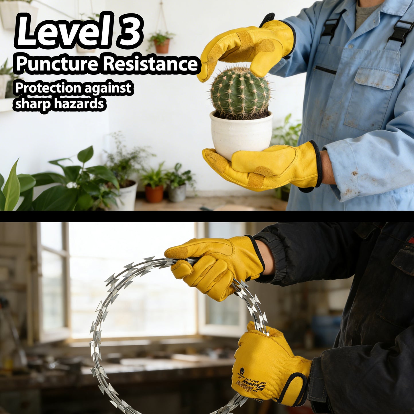 Yellow puncture resistant work gloves handling cactus and barbed wire, Schwergloves PPE showcase.