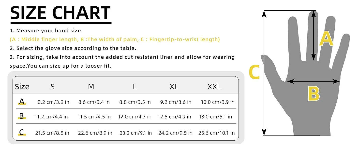 Glove size chart with hand measurements and dimensions