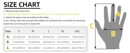 Glove size chart with hand measurements and dimensions