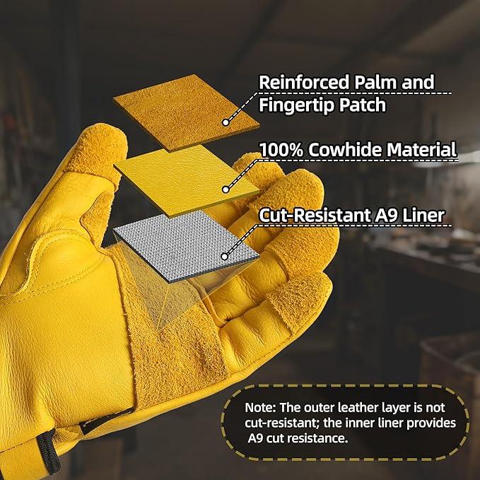 Yellow work glove with cutaway showing reinforced palm, 100% cowhide, and A9 cut-resistant liner.