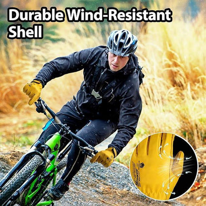 Man cycling in rain wearing Schwergloves yellow wind-resistant work gloves outdoors