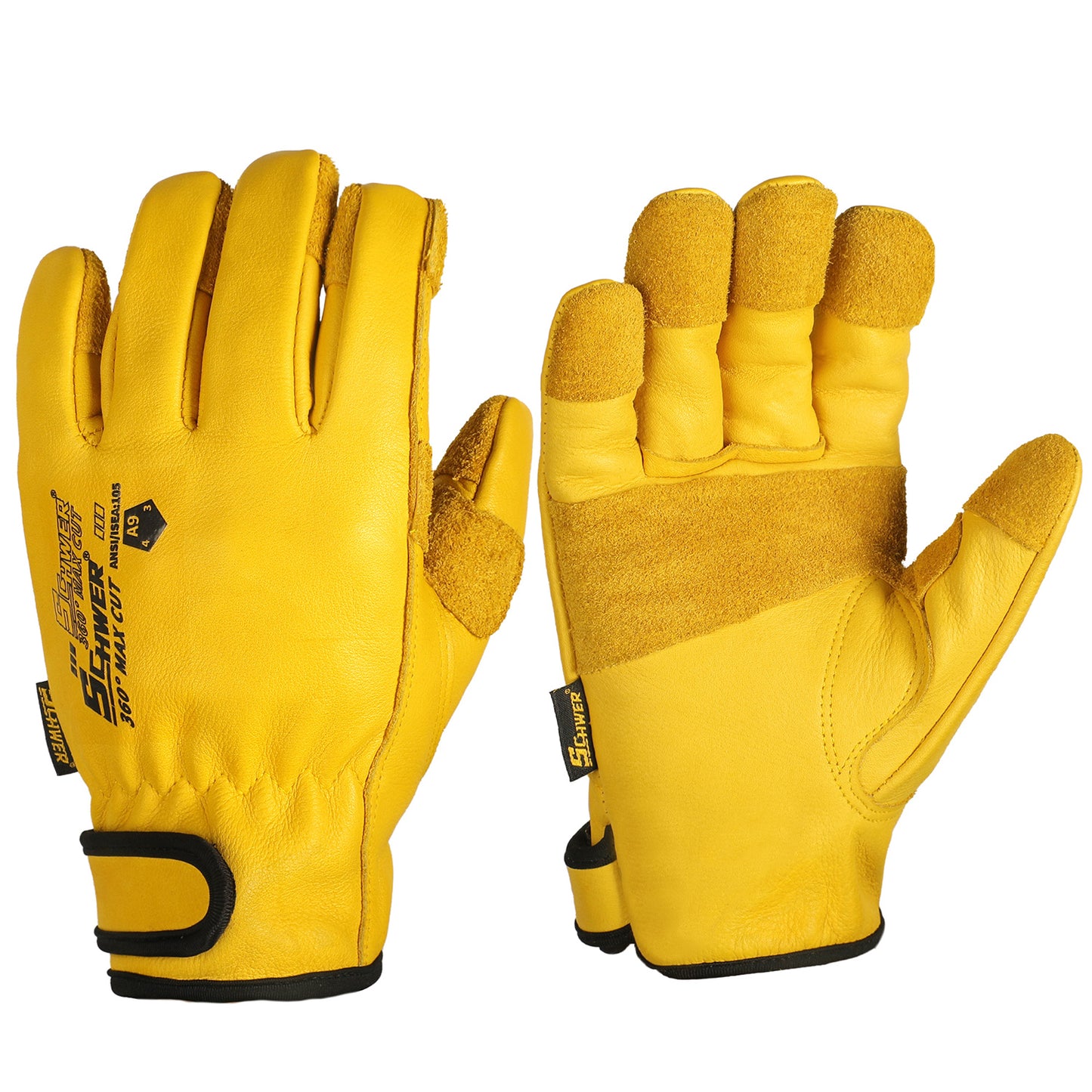 Schwer yellow leather work gloves with protective reinforced palms, PPE safety gear