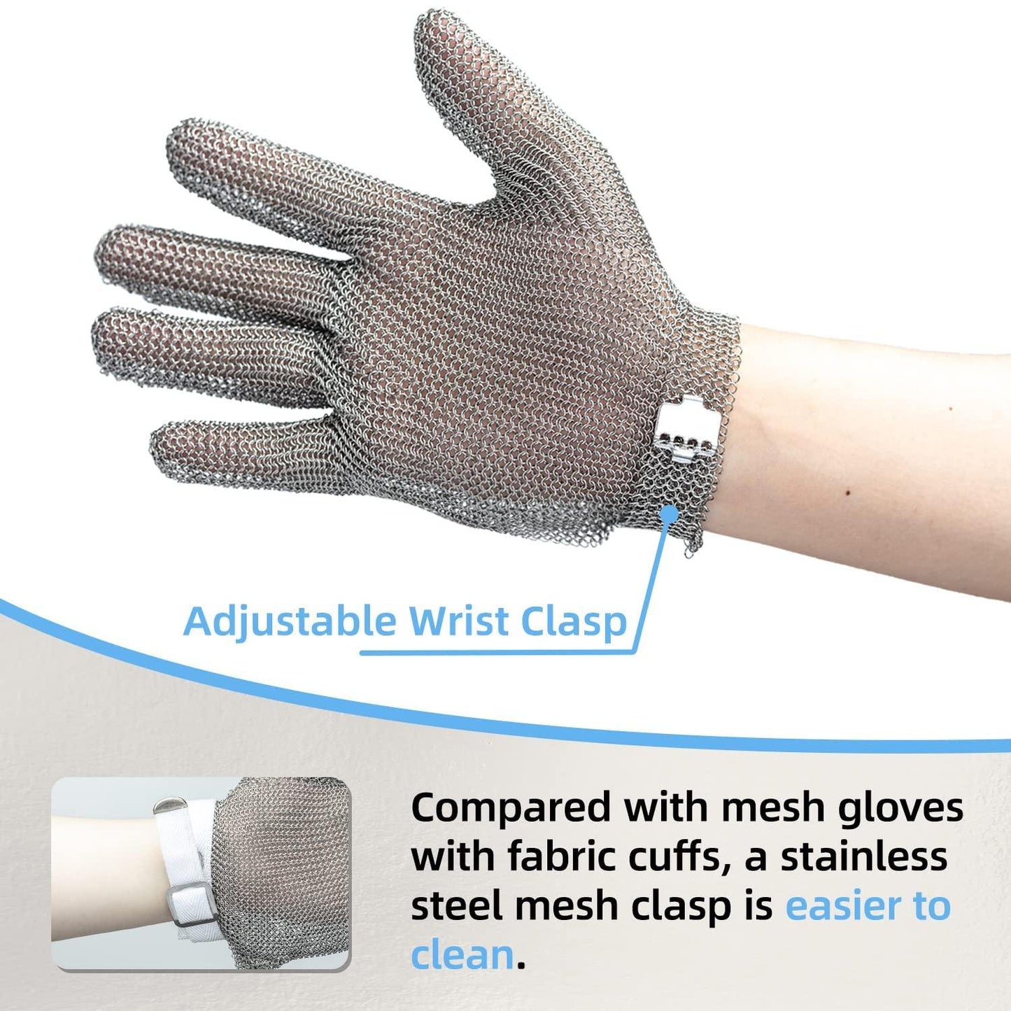 Hand wearing stainless steel mesh glove with adjustable wrist clasp for easy cleaning