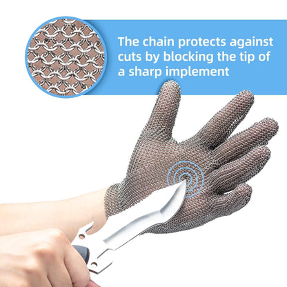 Hand wearing chainmail cut-resistant glove blocking knife tip, showing metal mesh protection