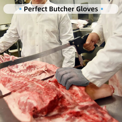 Butcher wearing protective chainmail gloves cutting raw meat ribs with a handsaw in a professional meat processing setting