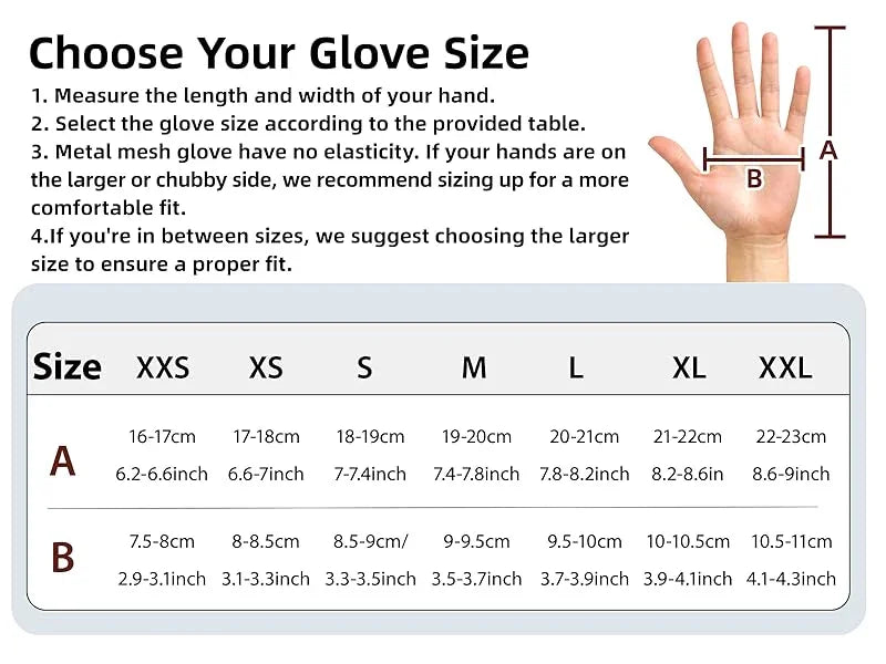 Glove size chart showing hand length and width measurements in cm and inches for sizes XXS to XXL