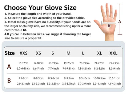 Glove size chart showing hand length and width measurements in cm and inches for sizes XXS to XXL
