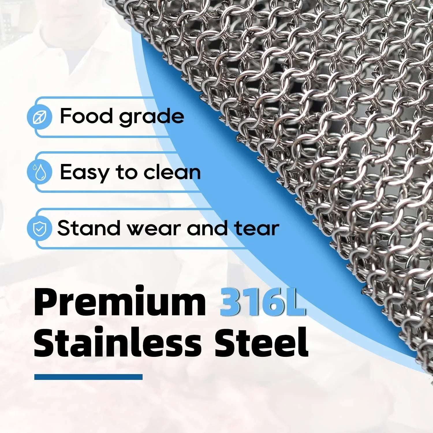 Close-up of premium 316L stainless steel chainmail with food grade, easy to clean, wear-resistant features text