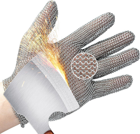 Chainmail gloves protecting hand from sharp metal blade sparks