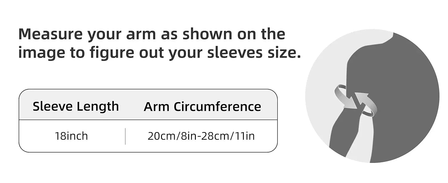 Measurement guide for sleeve length and arm circumference with a diagram of an arm and sleeve.