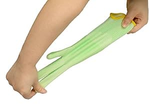 Green cleaning cloth held by hands against a white background