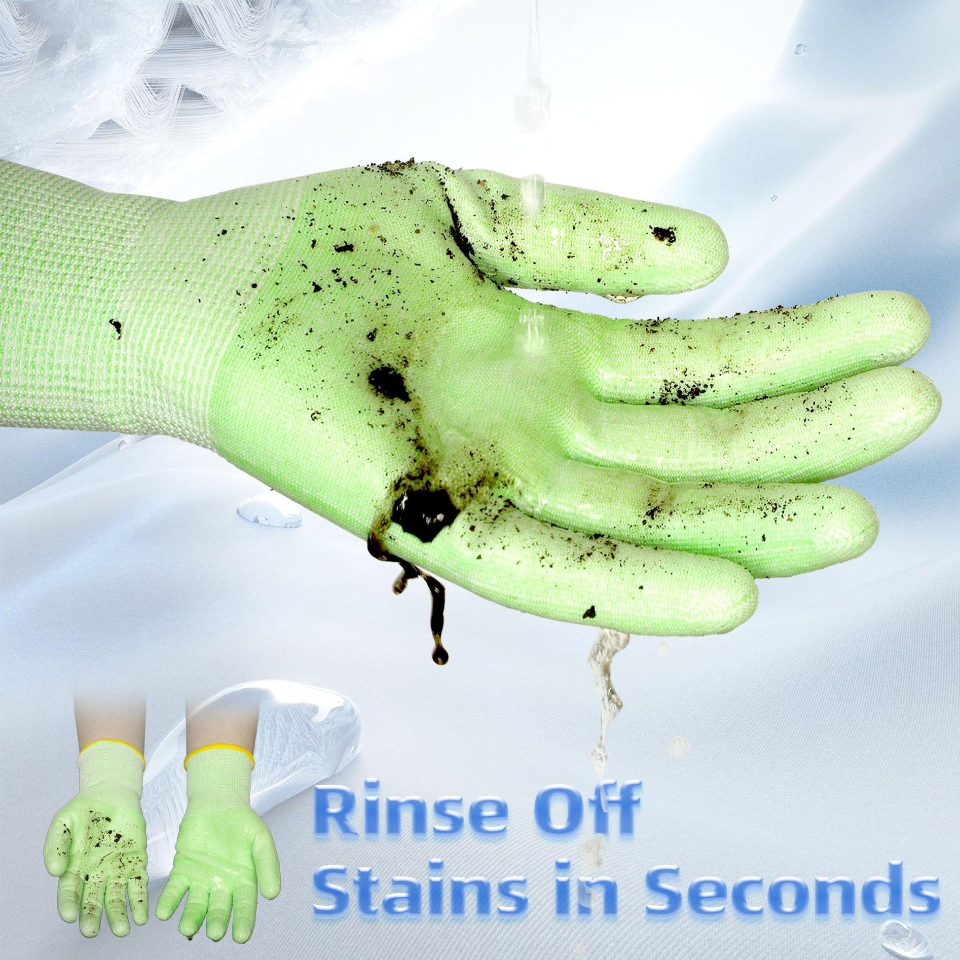 Light green work gloves being rinsed to remove dirt and stains quickly, showcasing easy cleaning of protective gloves