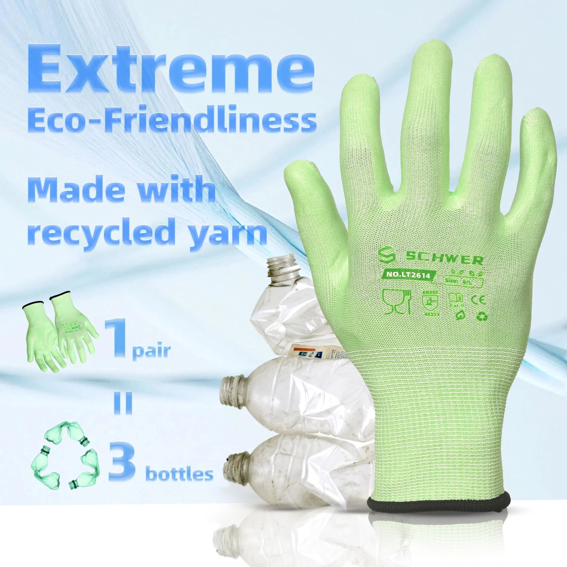 Green Schwer eco-friendly work glove made with recycled yarn, displayed with crushed plastic bottles