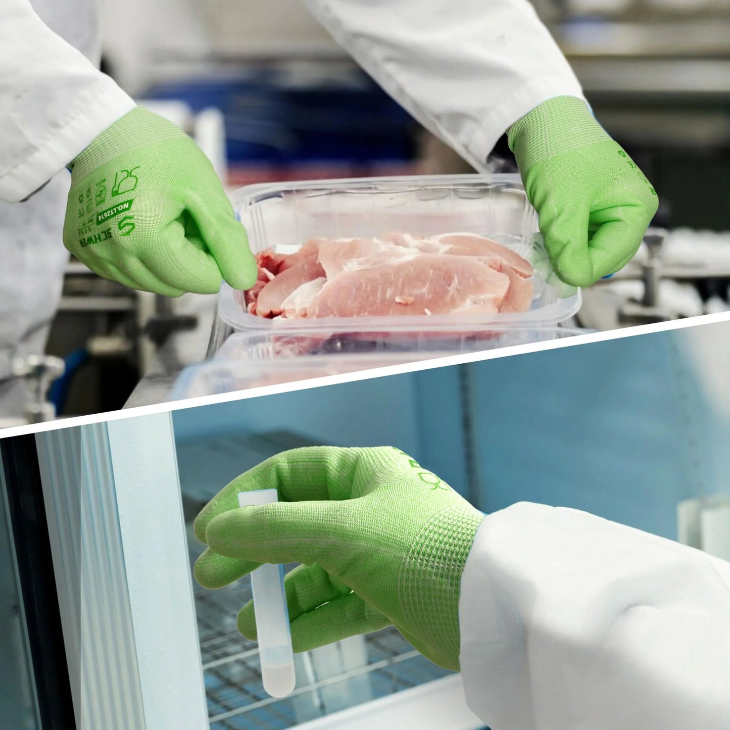 Hands wearing Schwergloves green protective gloves handling raw meat and a lab test tube in food safety environment