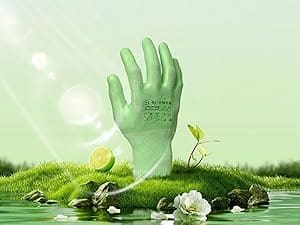 Green gardening glove on a grassy island with flowers and leaves