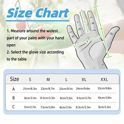 Glove size chart with measurement guide and size chart on a light background