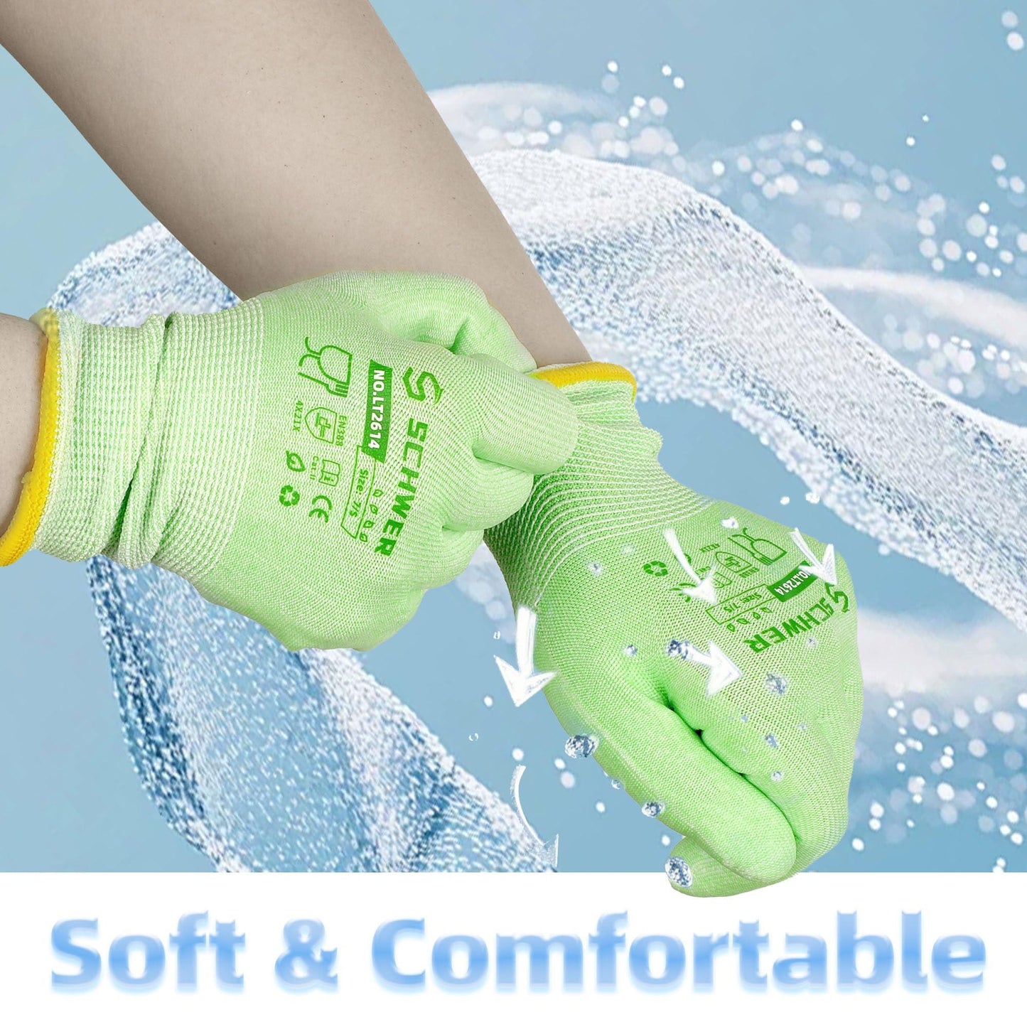 Hands wearing light green Schwergloves work gloves with water splash, indicating soft and comfortable PPE gloves
