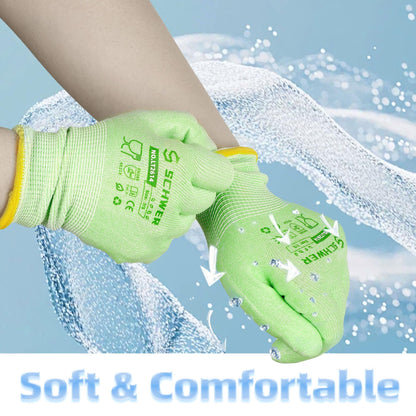 Hands wearing light green Schwergloves work gloves with water splash, indicating soft and comfortable PPE gloves