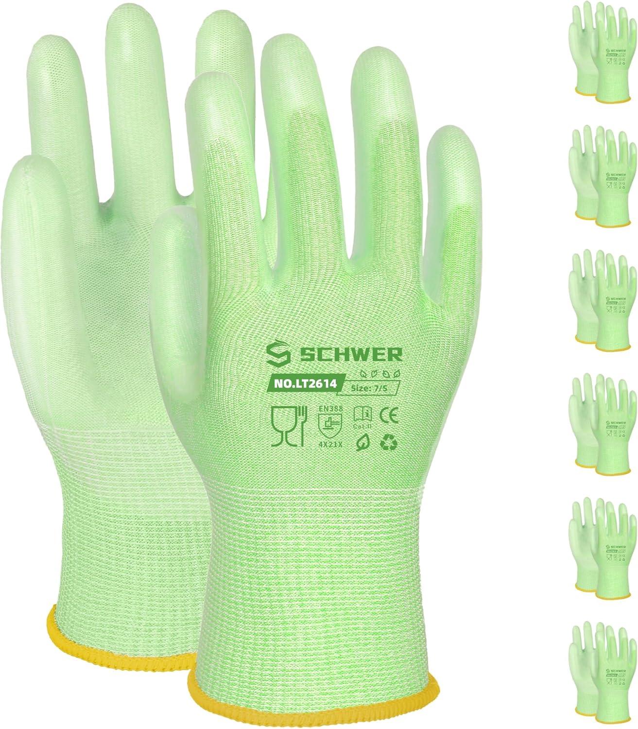 Pair of light green Schwer cut resistant work gloves with red cuffs, size 8/M, displayed alongside multiple identical gloves