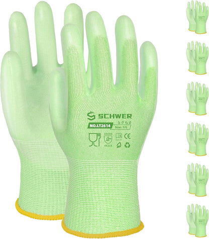 Pair of light green Schwer cut resistant work gloves with red cuffs, size 8/M, displayed alongside multiple identical gloves