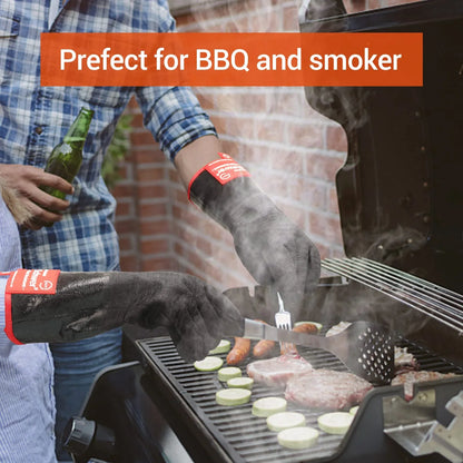 Person wearing heat resistant Schwar gloves grilling meat, sausages, and sliced vegetables on a BBQ smoker