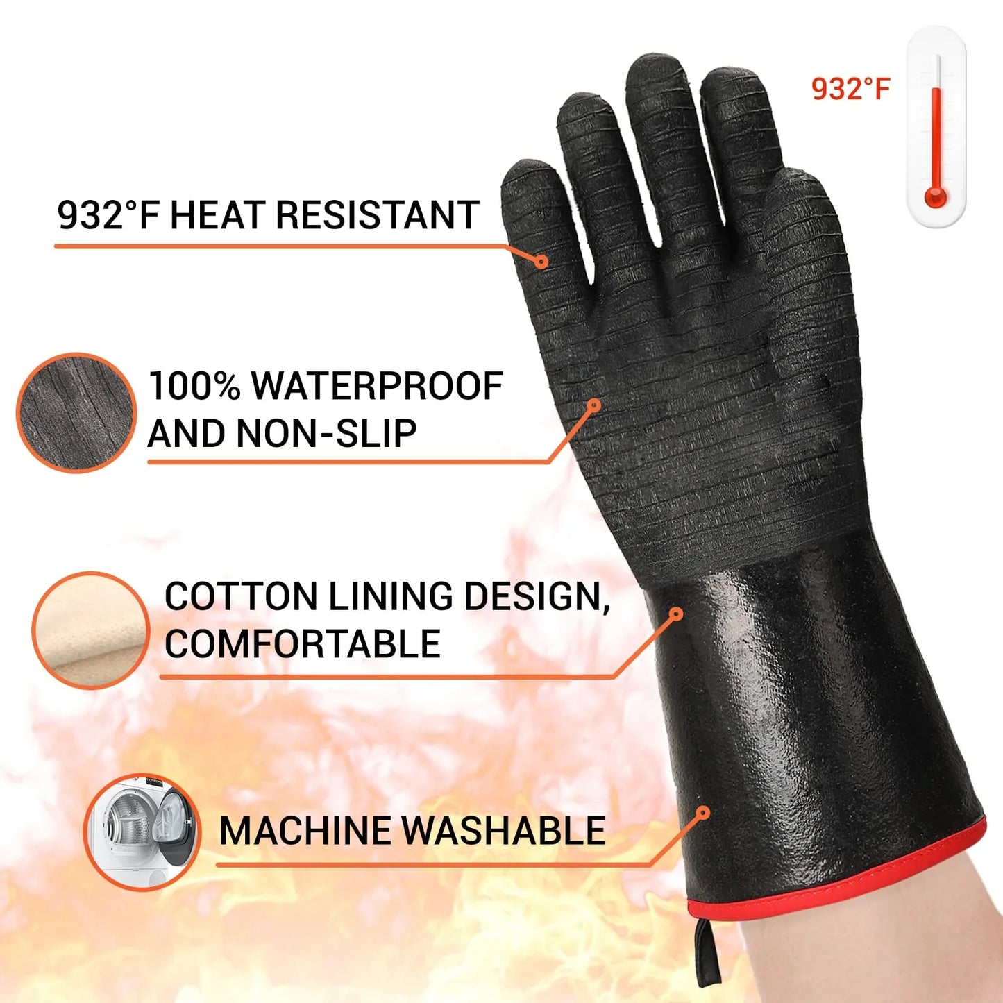 Black heat-resistant work glove with cotton lining, waterproof non-slip surface, and machine washable label