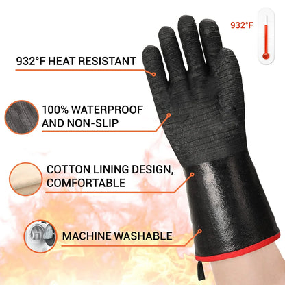 Black heat-resistant work glove with cotton lining, waterproof non-slip surface, and machine washable label