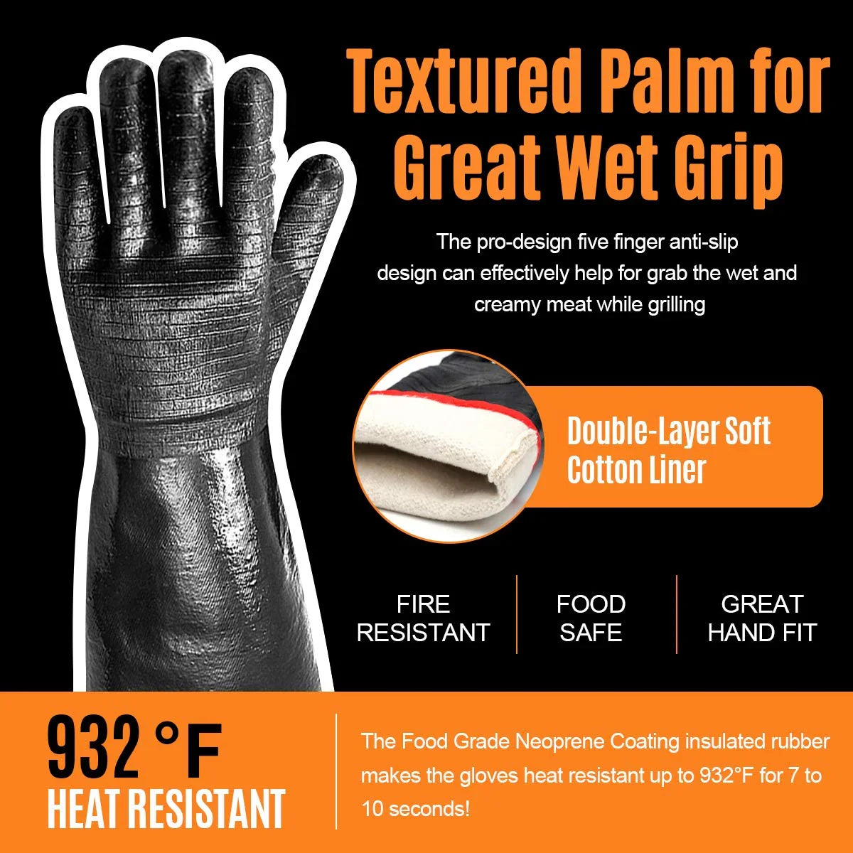 Black neoprene work glove with textured palm for wet grip, double-layer cotton liner, fire resistant, heat resistant to 932°F