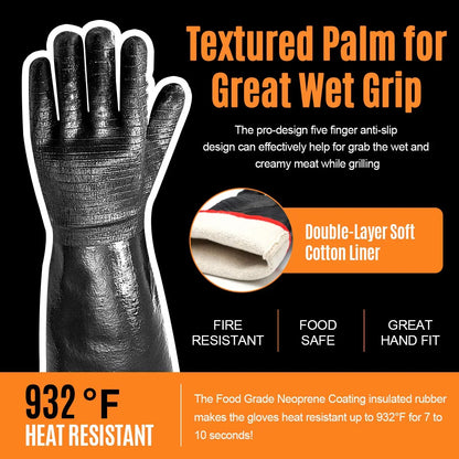 Black neoprene work glove with textured palm for wet grip, double-layer cotton liner, fire resistant, heat resistant to 932°F