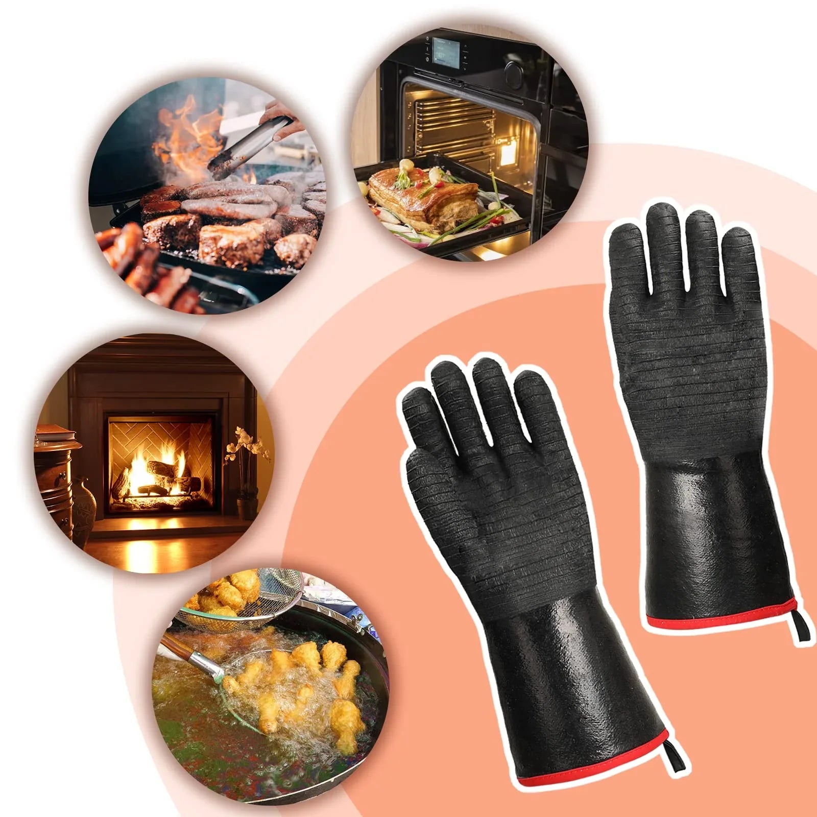 Black heat-resistant gloves with textured surface shown alongside cooking, grilling, fireplace, and frying scenes