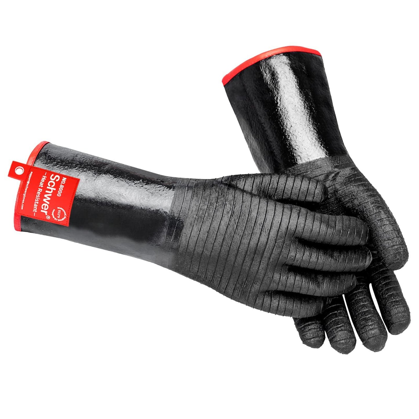 Pair of black heat-resistant work gloves with red trim and Schwer label on white background